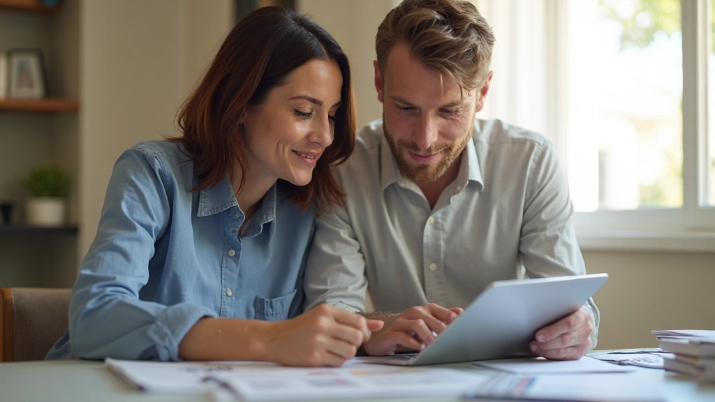 Супруги анализируют бюджет с графиками и таблицами на планшете