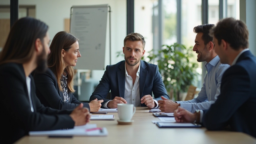 Профессиональное фото группы специалистов по ESG, обсуждающих стратегию устойчивого развития