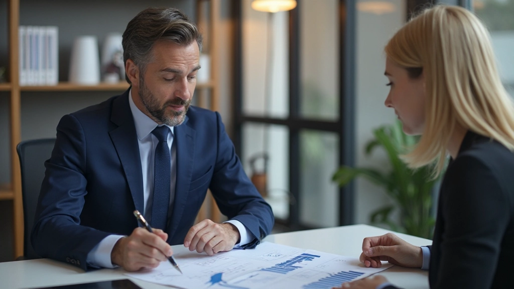 Профессиональный консультант, обсуждающий план бюджета с клиентом в современном офисе
