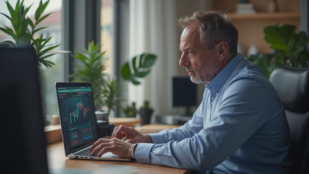 Инвестор, анализирующий графики и портфель инвестиций на компьютере