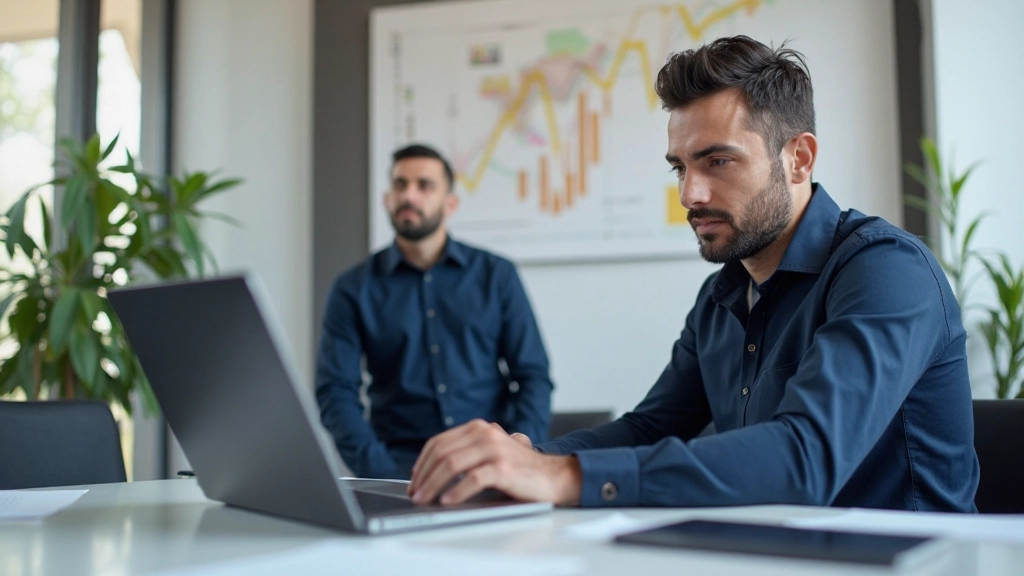 Молодой человек анализирует график роста инвестиций на ноутбуке в современном офисе