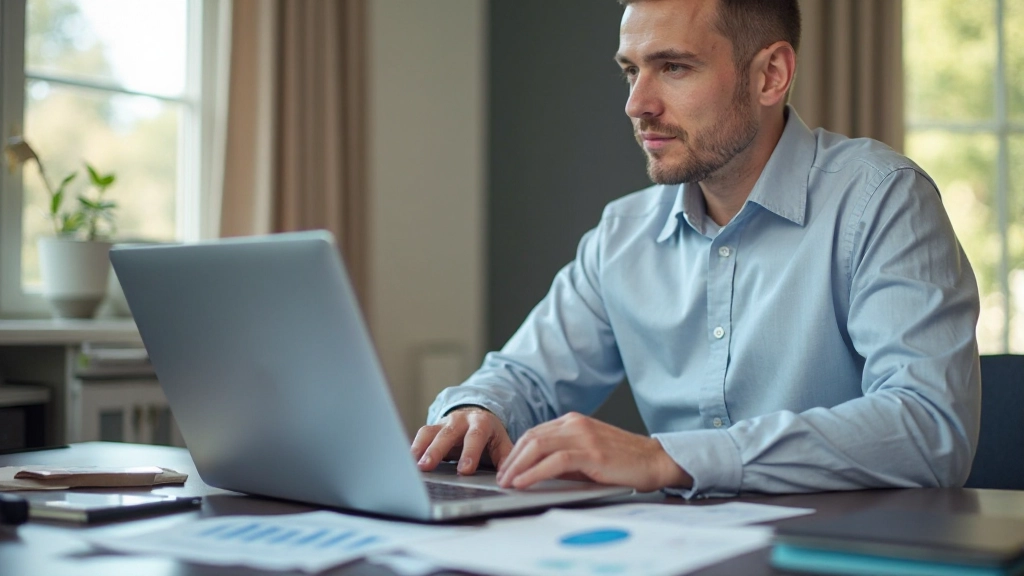 Человек анализирует финансовые данные и графики на ноутбуке в современном офисе