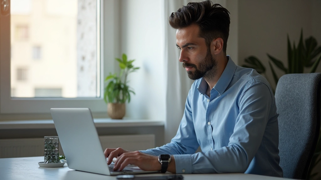 Профессиональное рабочее пространство с компьютером, показывающим финансовый дашборд и графики