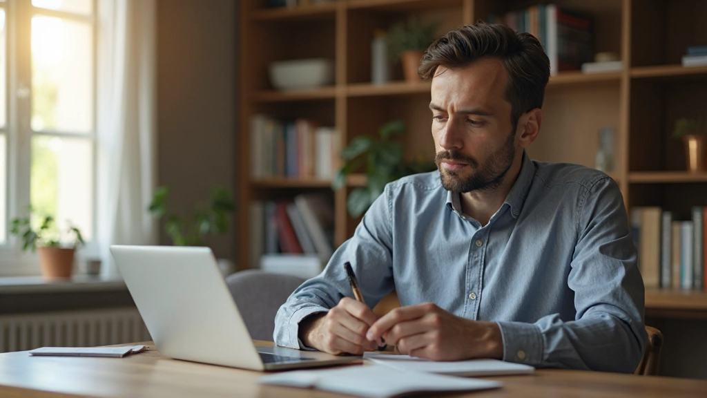 Специалист проходит онлайн-обучение на ноутбуке, держит заметки, сосредоточен на обучении в домашнем офисе