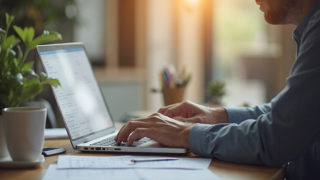 Человек работает с бюджетом на ноутбуке в домашнем офисе