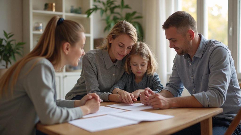 Семья просматривает документы о планировании наследства вместе за столом