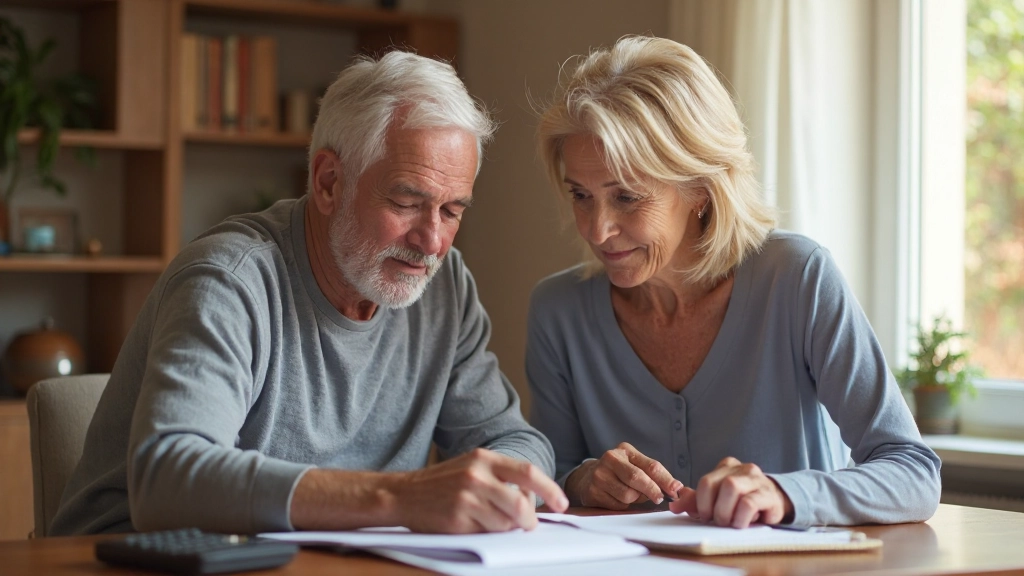 Пожилая пара обсуждает финансовые документы за столом в домашнем офисе с планами и калькулятором