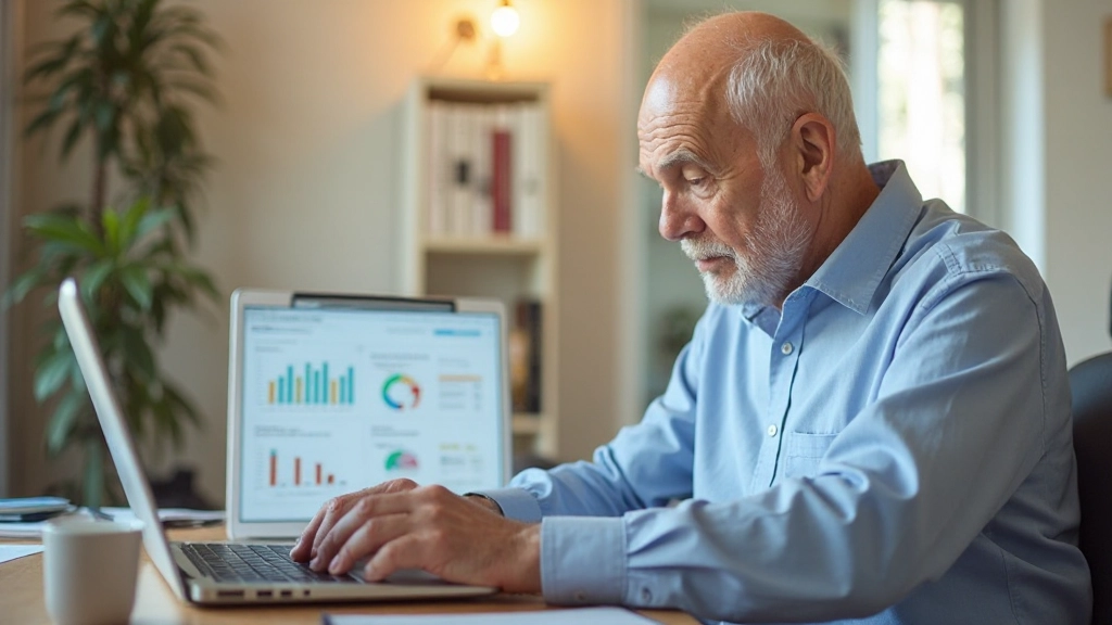 Пожилой мужчина работает на ноутбуке, планируя пенсионные накопления с использованием специализированных приложений