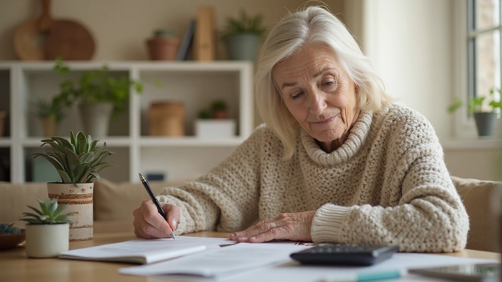 Пожилая женщина планирует бюджет, используя блокнот и калькулятор в уютной домашней обстановке
