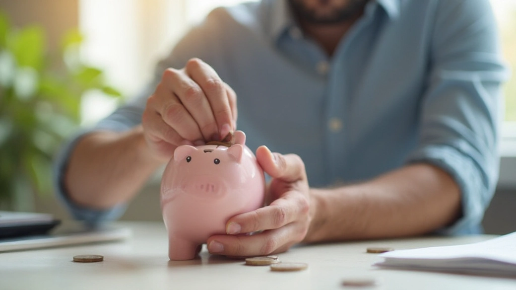 Профессиональное фото человека, откладывающего деньги в копилку на столе