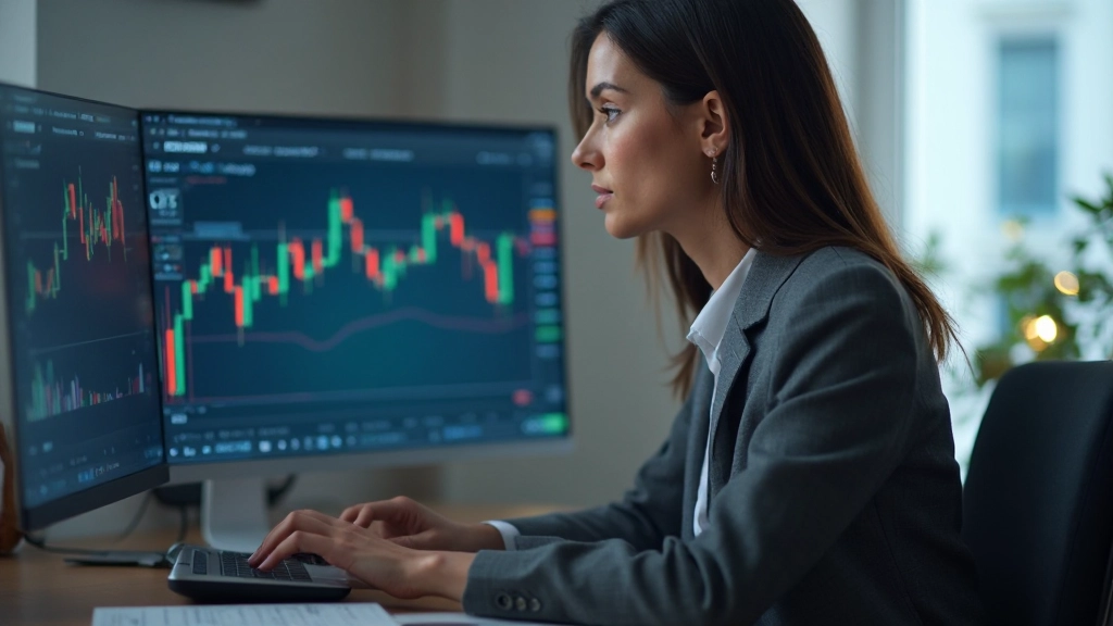 Аналитик на фондовой бирже, изучающий графики и диаграммы инвестиций на экране
