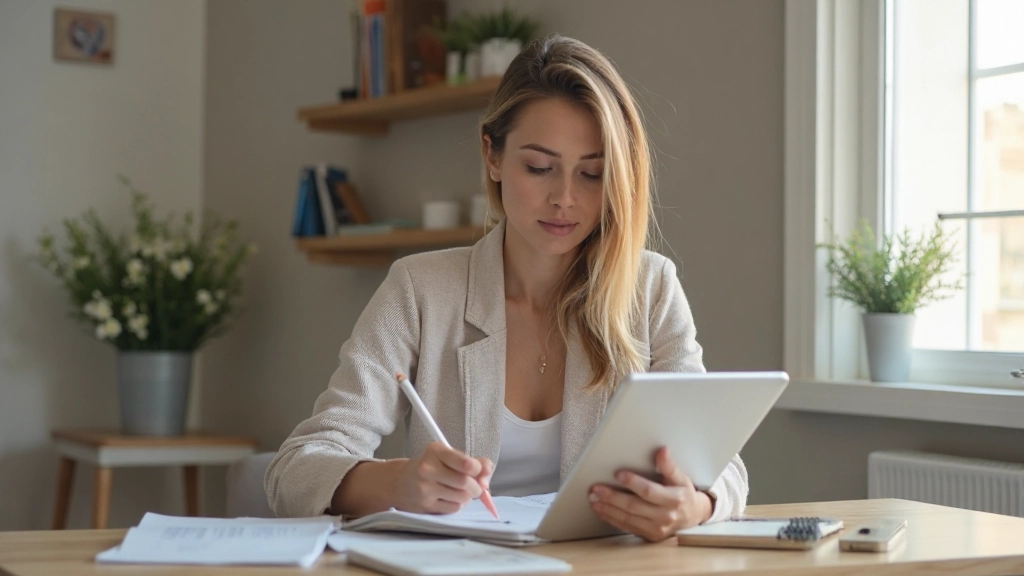 Человек планирует месячный бюджет с помощью приложения на планшете