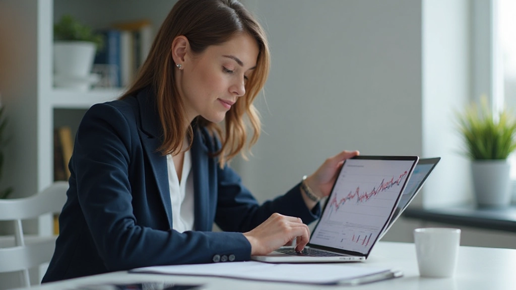 Современный офис с технологичным оборудованием, планшетом, показывающим финансовые данные и графики