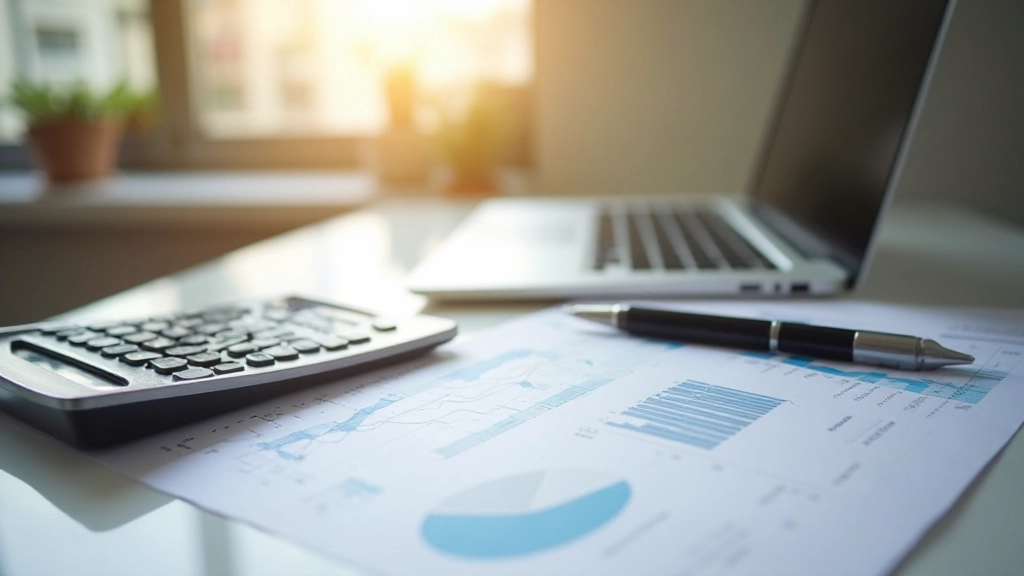 Документы финансового планирования, ноутбук и канцелярские принадлежности на рабочем столе